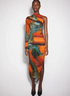 Women MUGLER Archive print asymmetrical mesh dress