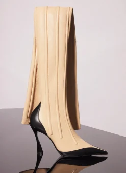 MUGLER bi-color boned leather fang 95 thigh high boots