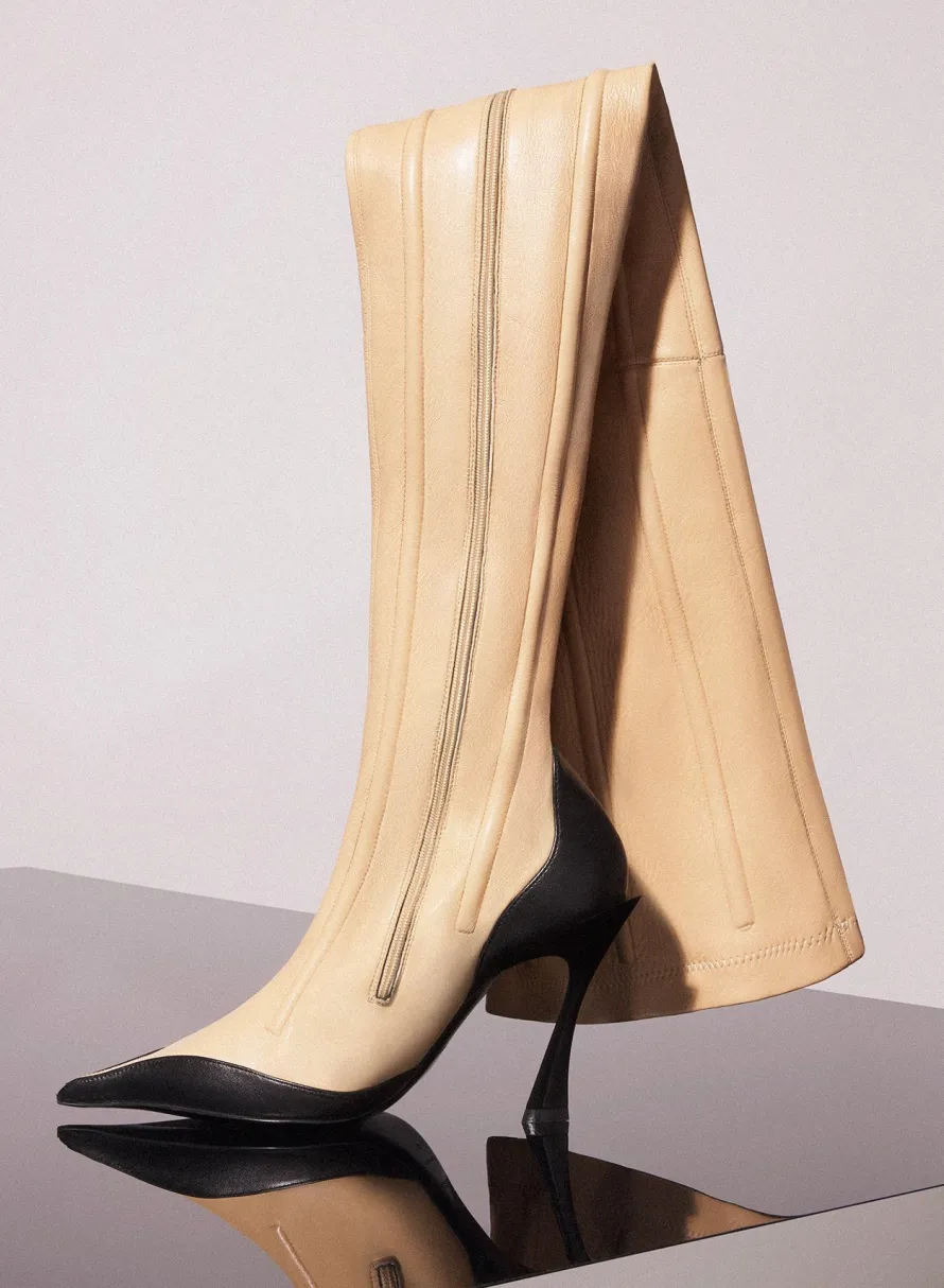 MUGLER bi-color boned leather fang 95 thigh high boots