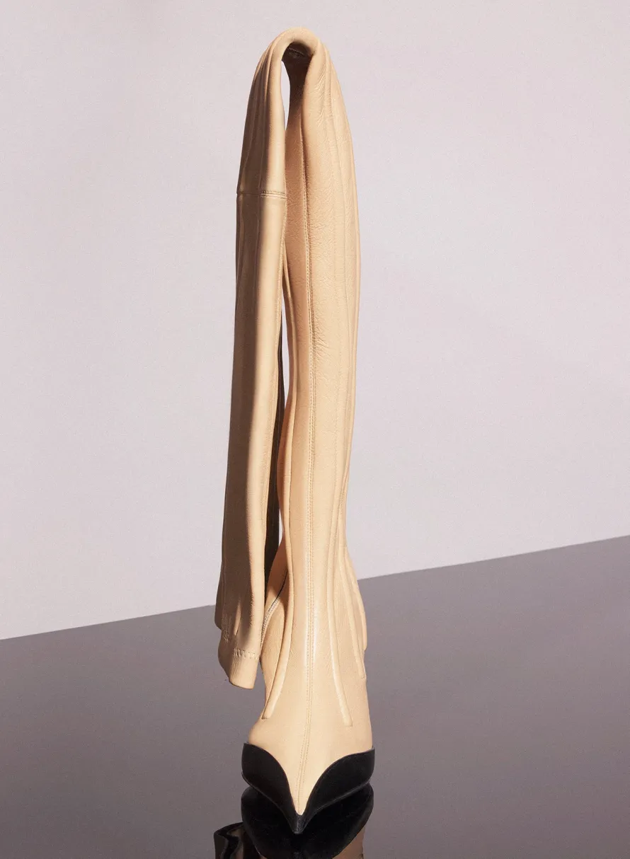 MUGLER bi-color boned leather fang 95 thigh high boots
