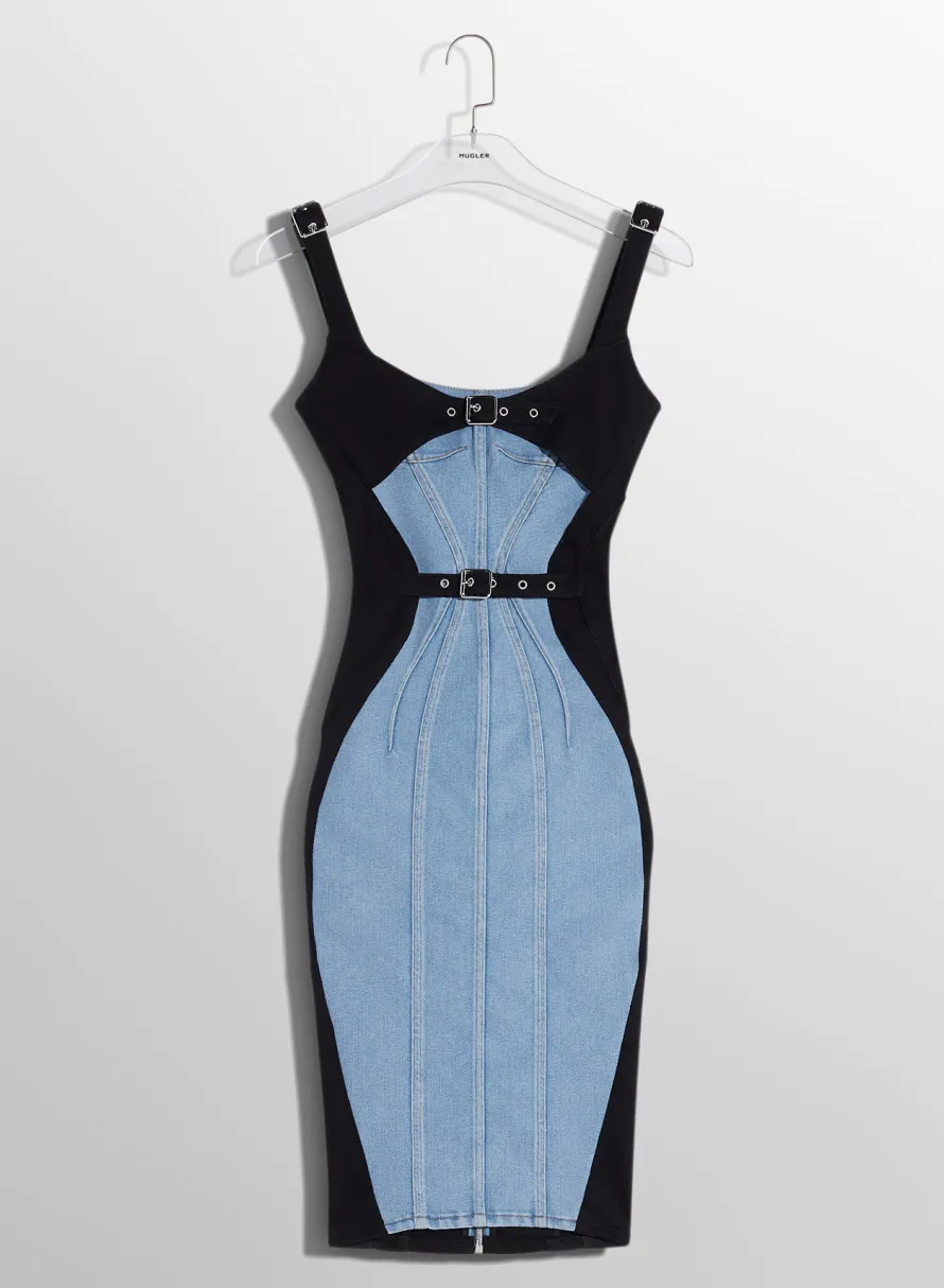 Women MUGLER bi-color buckled denim dress