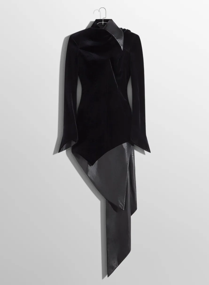 Women MUGLER black asymmetrical velvet dress with leather collar