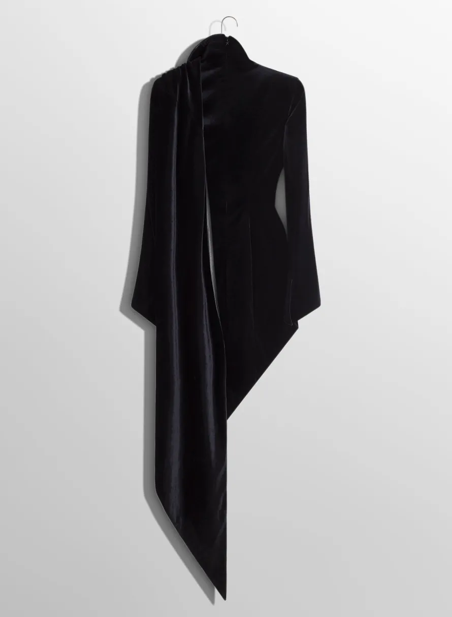 Women MUGLER black asymmetrical velvet dress with leather collar