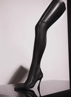 MUGLER black boned leather fang 95 thigh high boots