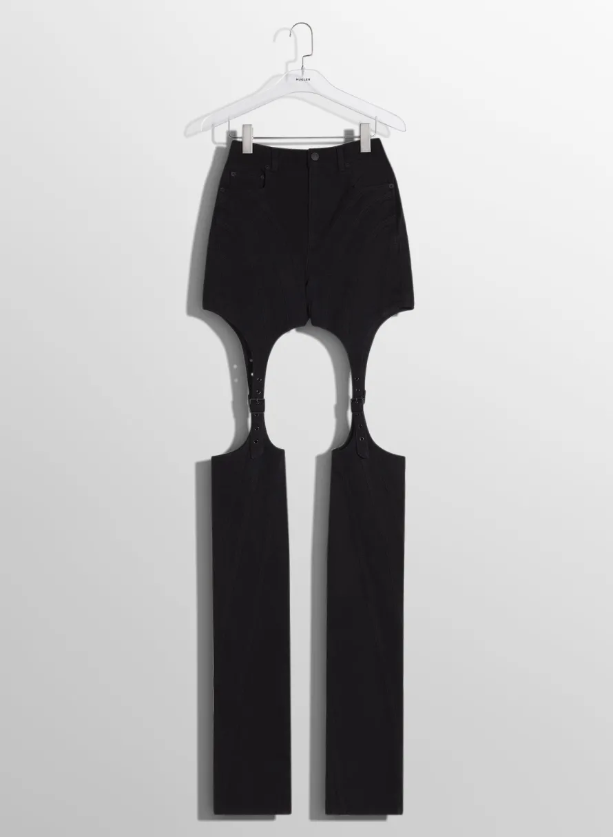 Women MUGLER black buckled chaps skinny jeans