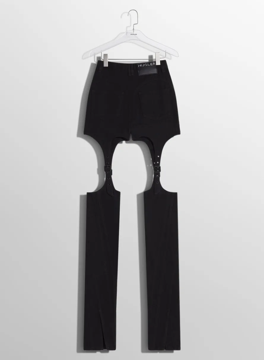 Women MUGLER black buckled chaps skinny jeans