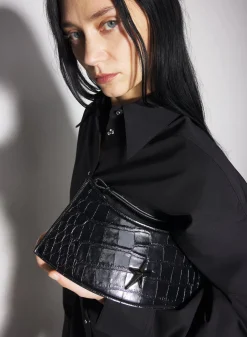 MUGLER black embossed crocodile zenith bag