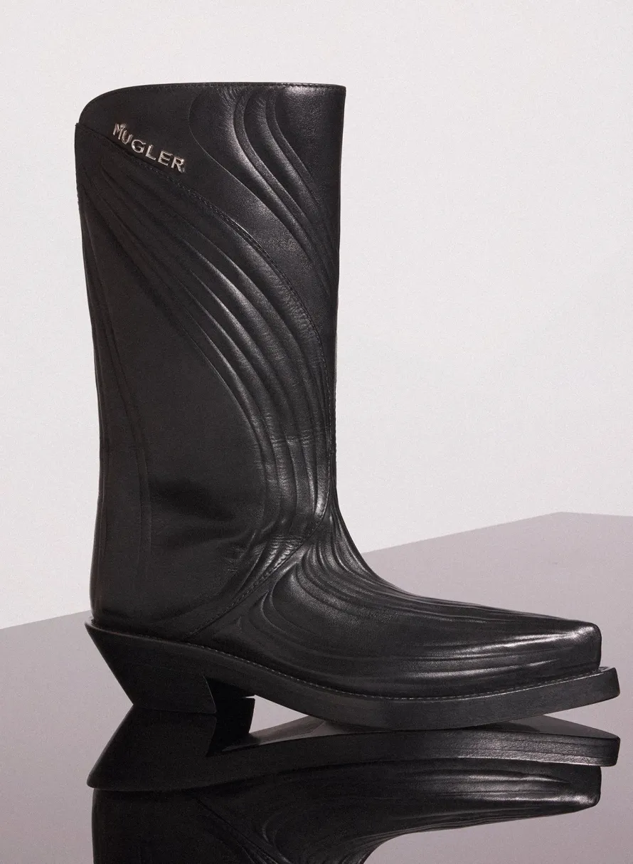 MUGLER black embossed leather santiag boots