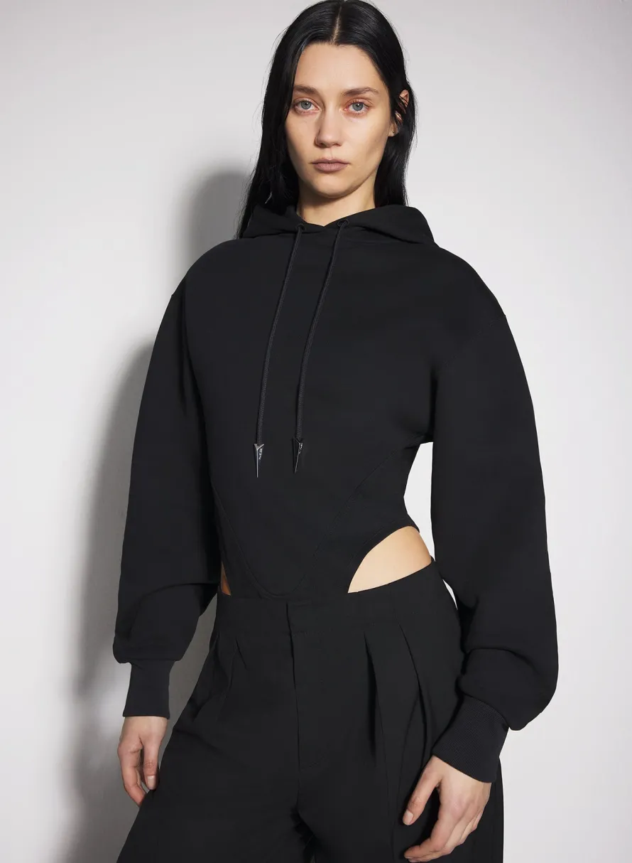Women MUGLER black fleece hoodie bodysuit
