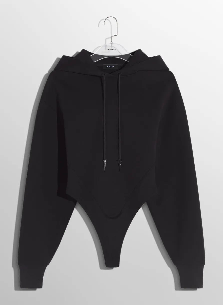 Women MUGLER black fleece hoodie bodysuit
