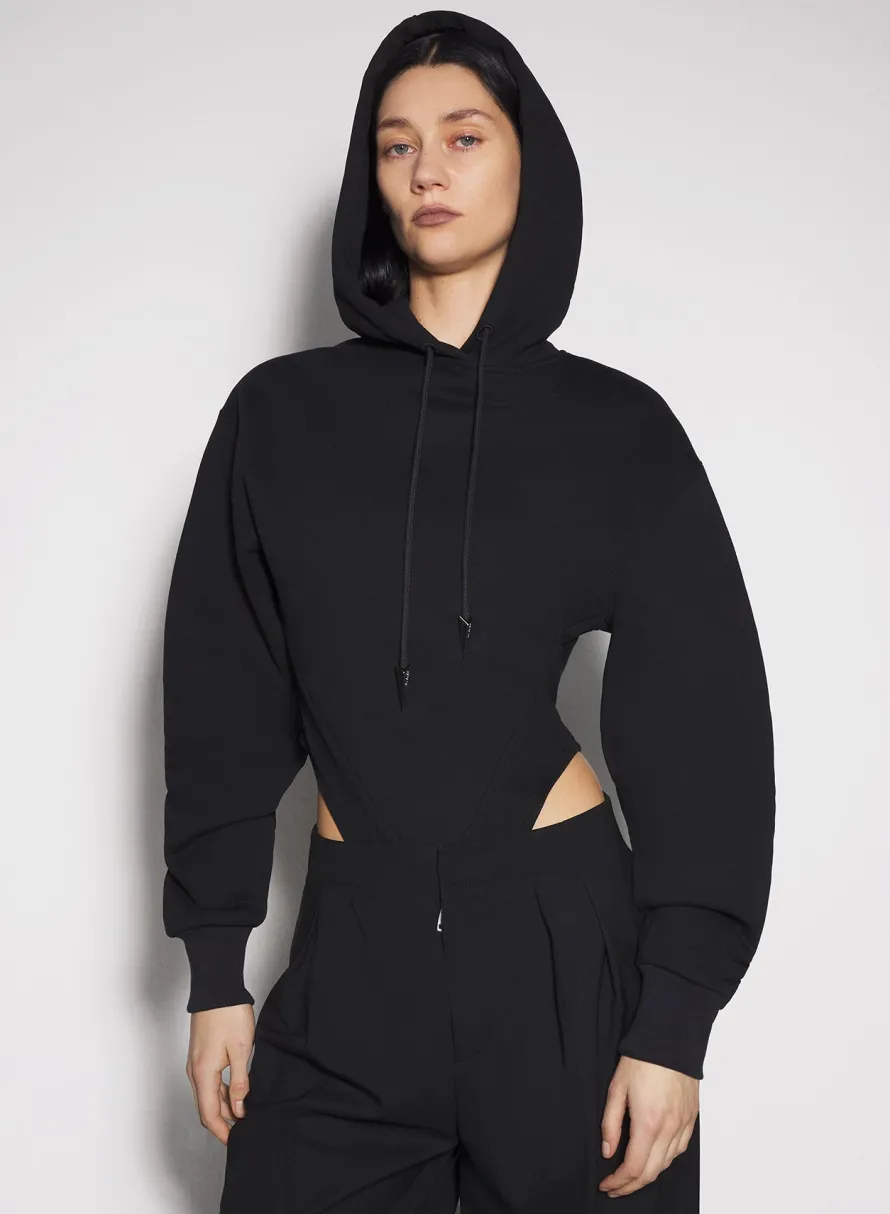 Women MUGLER black fleece hoodie bodysuit