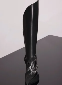 MUGLER black leather buckled fang 95 knee high boots
