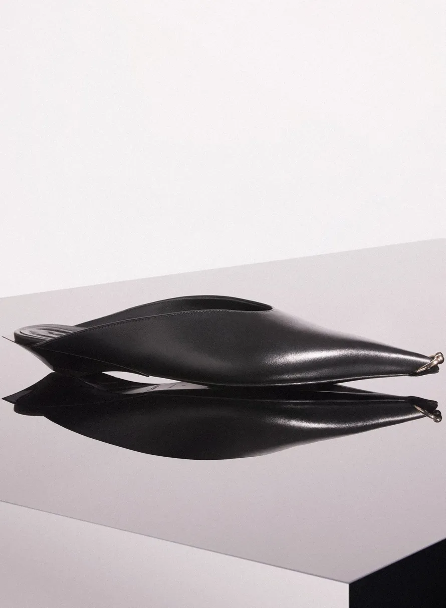 MUGLER black leather piercing fang flat mules