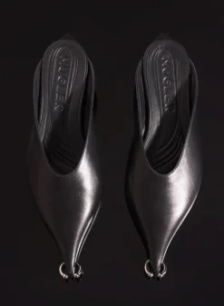 MUGLER black leather piercing fang flat mules