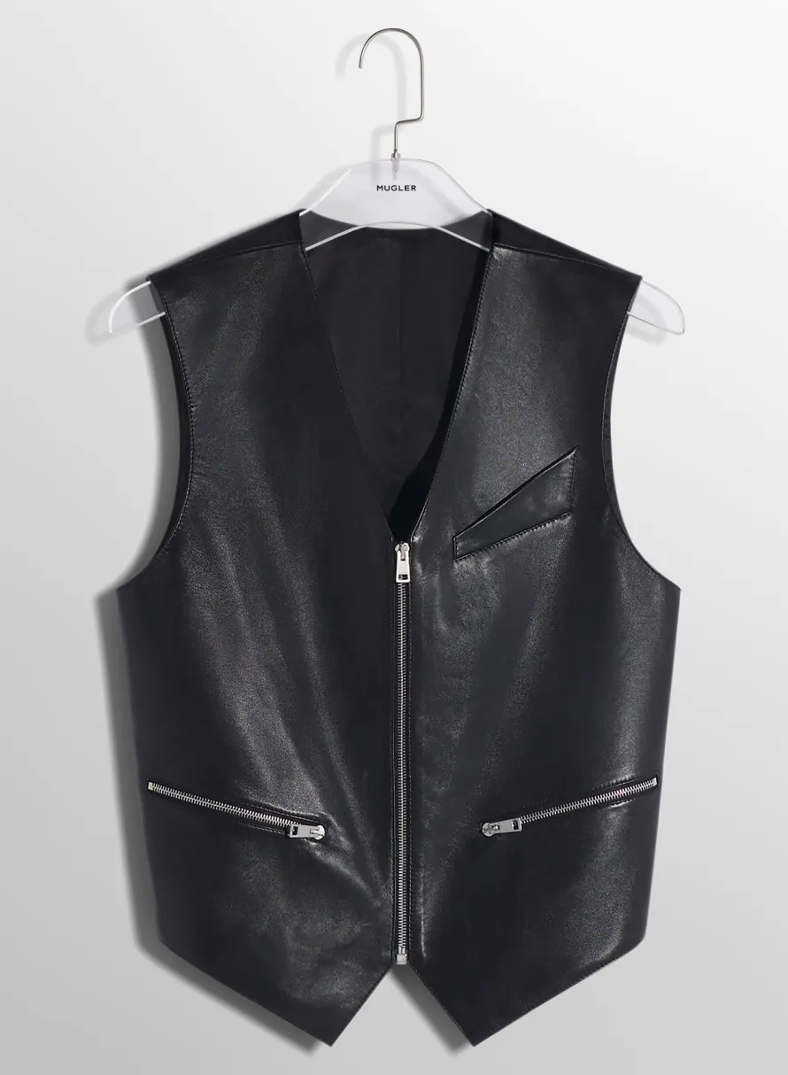 Women MUGLER black leather zipper vest