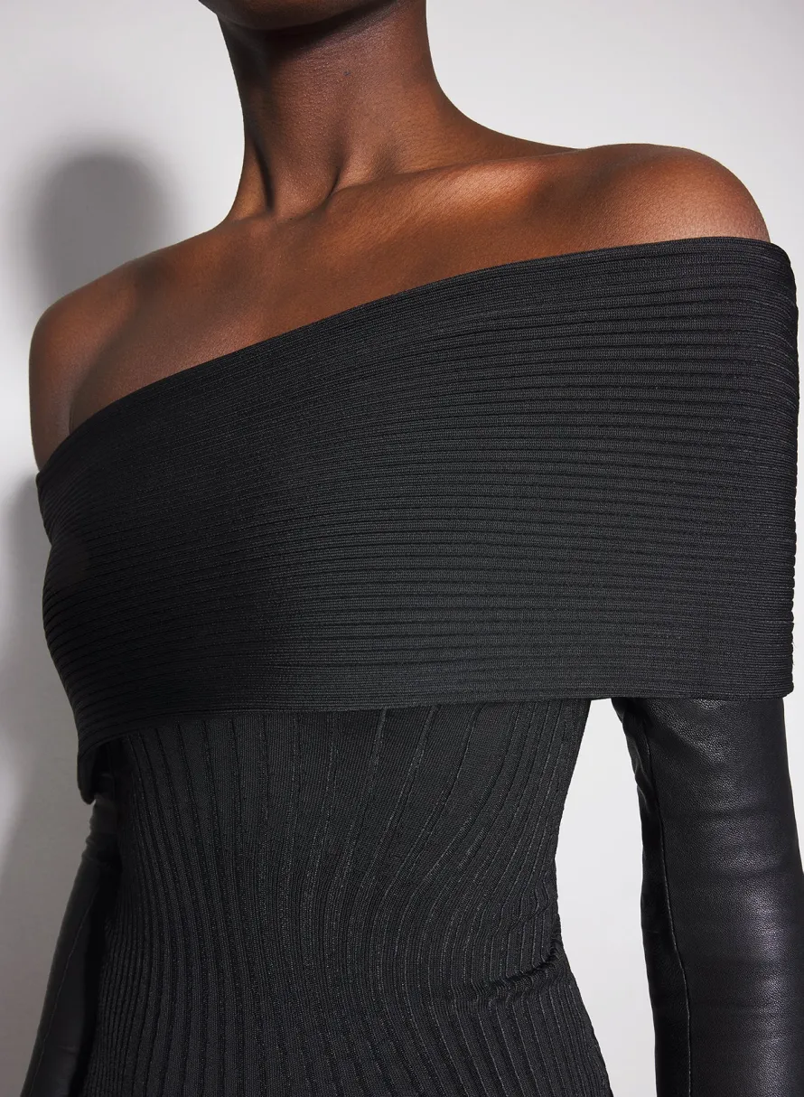 Women MUGLER black off-shoulder sculpting knit dress