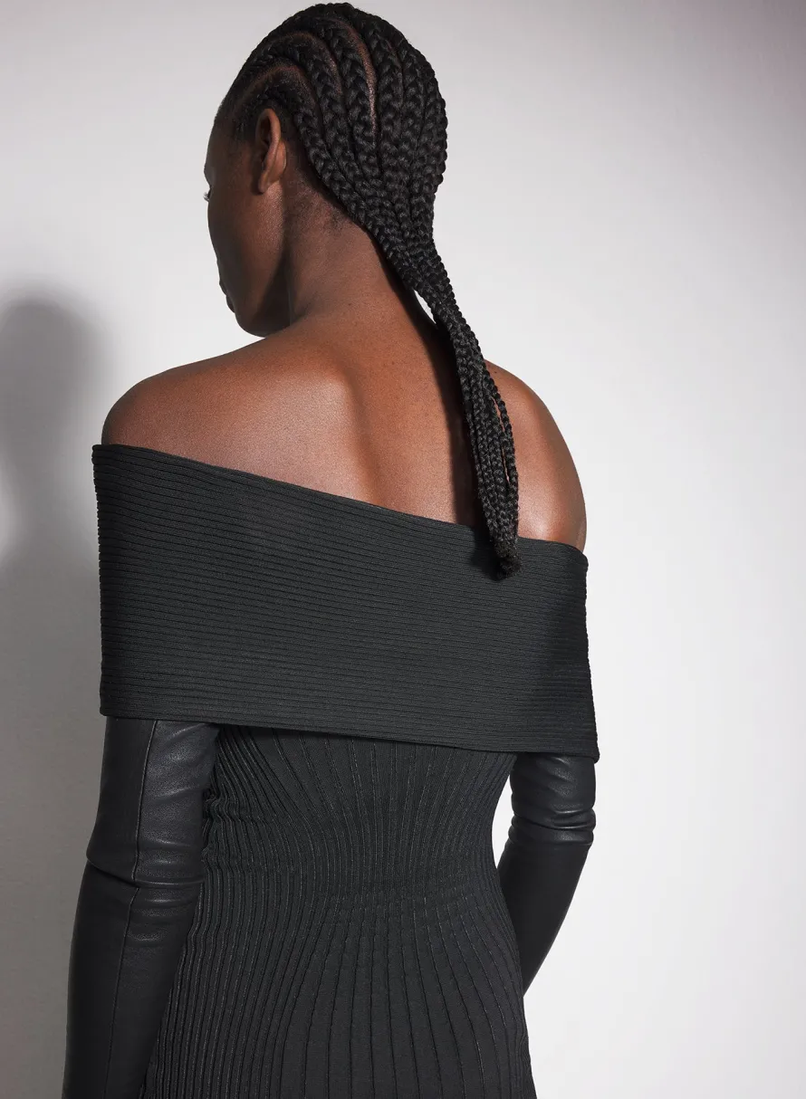 Women MUGLER black off-shoulder sculpting knit dress