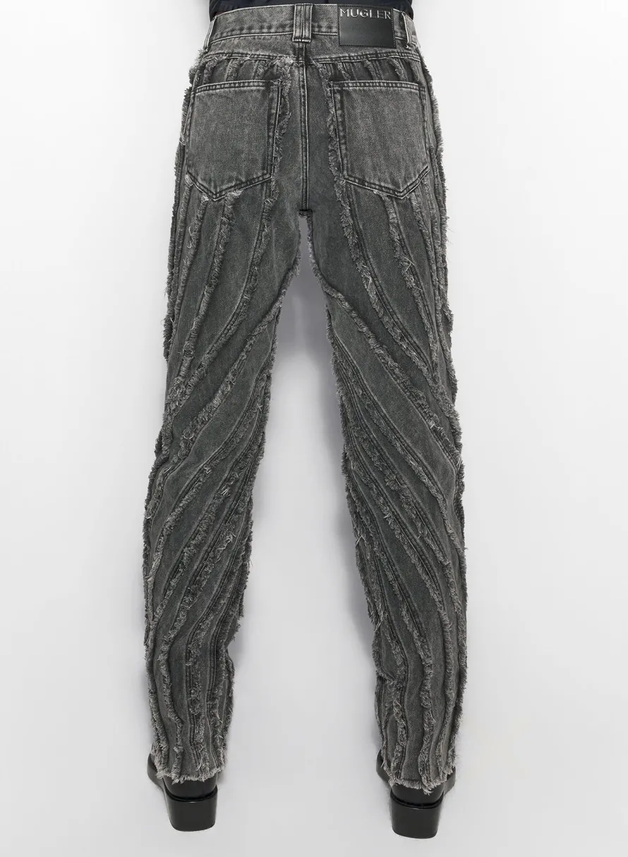 Women MUGLER black raw edge spiral baggy jeans