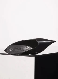 MUGLER black shiny leather fang flat mules