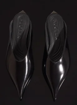 MUGLER black shiny leather fang flat mules