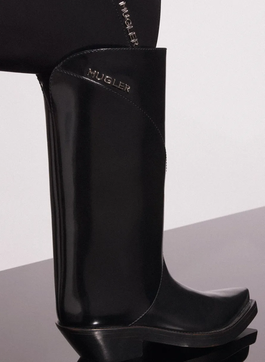 MUGLER black shiny leather santiag boots