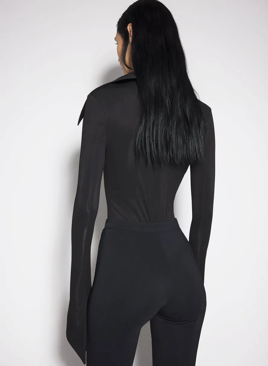 Women MUGLER black spiky satin collar bodysuit