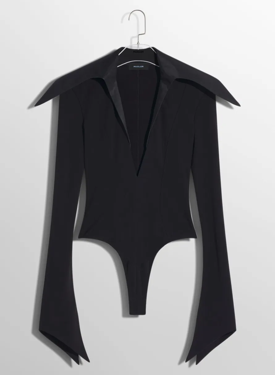 Women MUGLER black spiky satin collar bodysuit