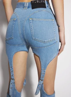 Women MUGLER blue buckled chaps skinny jeans