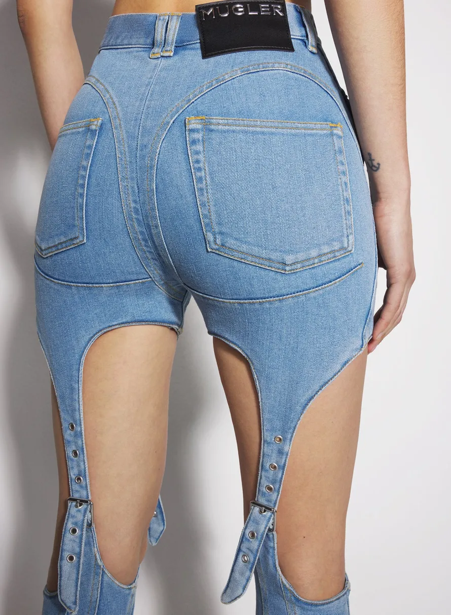 Women MUGLER blue buckled chaps skinny jeans