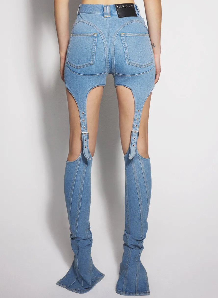 Women MUGLER blue buckled chaps skinny jeans