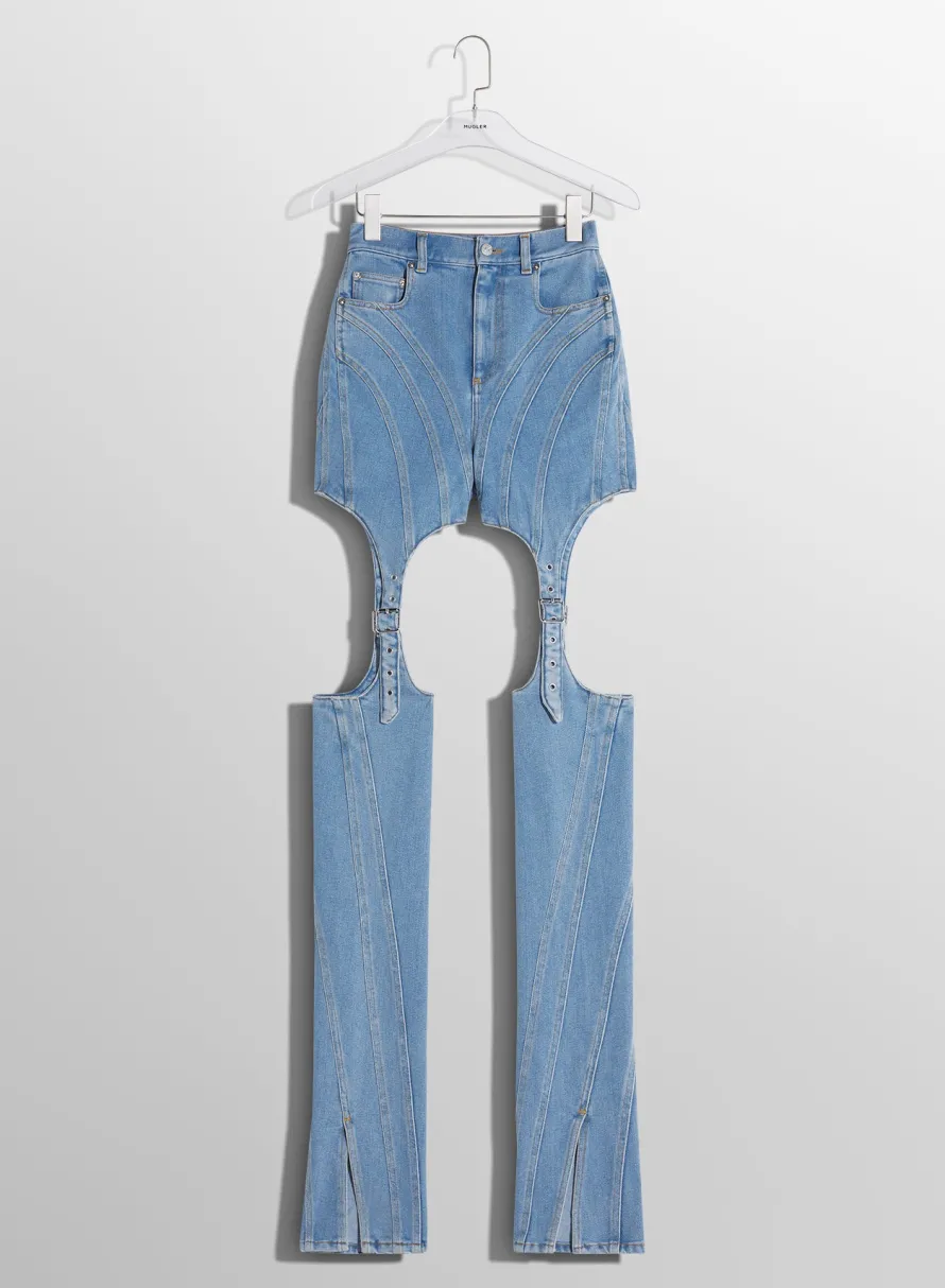 Women MUGLER blue buckled chaps skinny jeans
