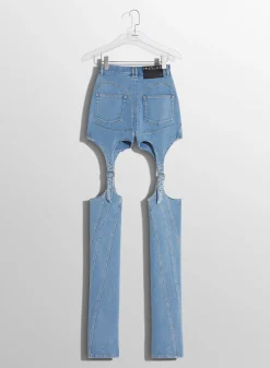 Women MUGLER blue buckled chaps skinny jeans