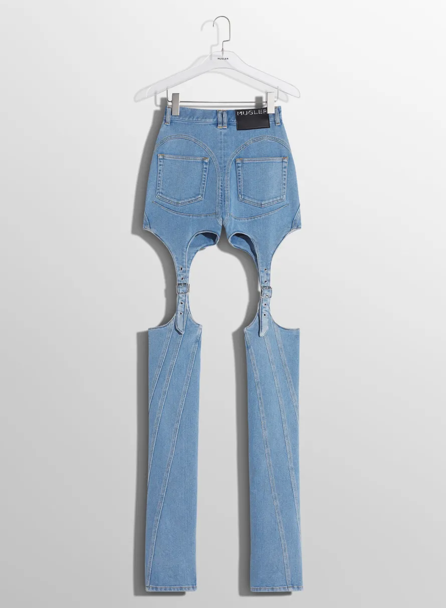 Women MUGLER blue buckled chaps skinny jeans