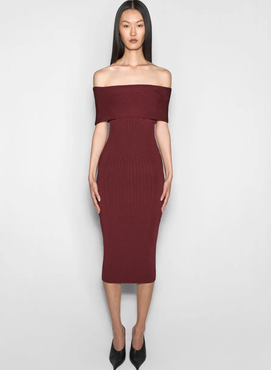 Women MUGLER burgundy off-shoulder sculpting knit dress