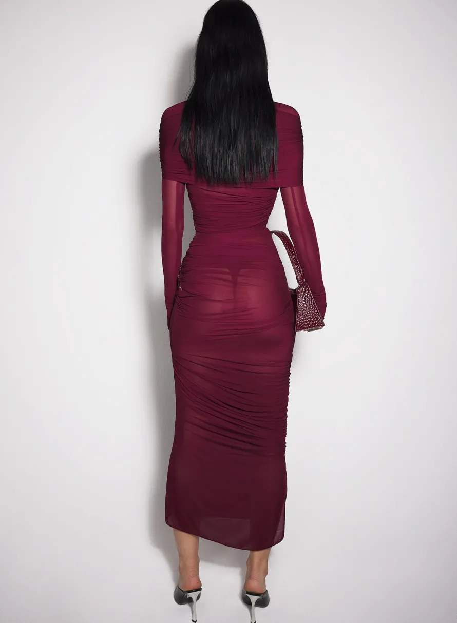 Women MUGLER burgundy sheer ruched dress