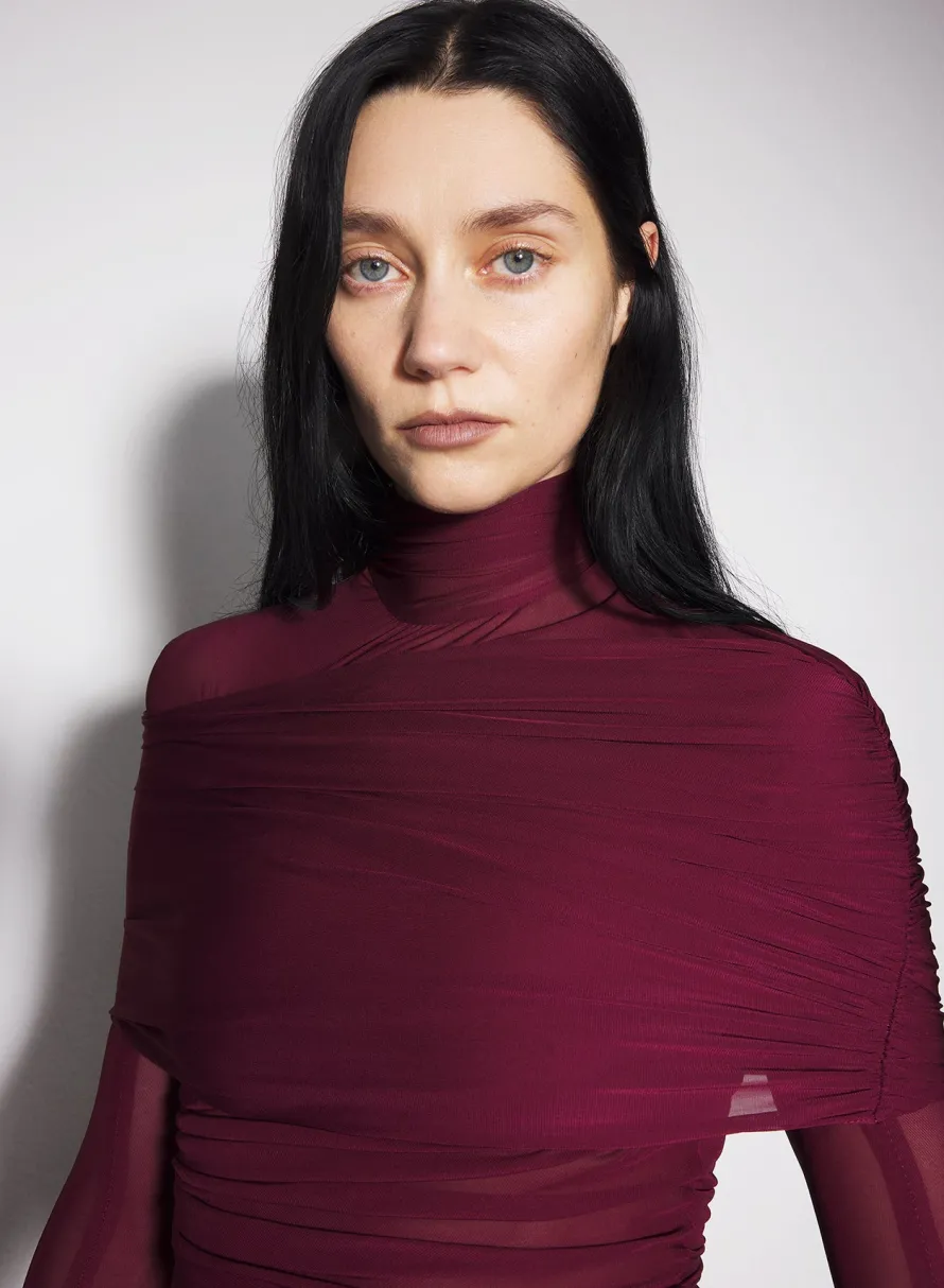 Women MUGLER burgundy sheer ruched dress