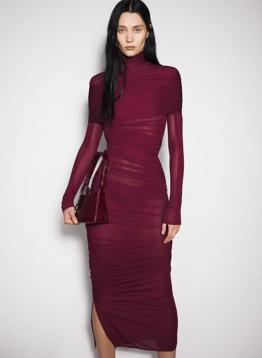 Women MUGLER burgundy sheer ruched dress
