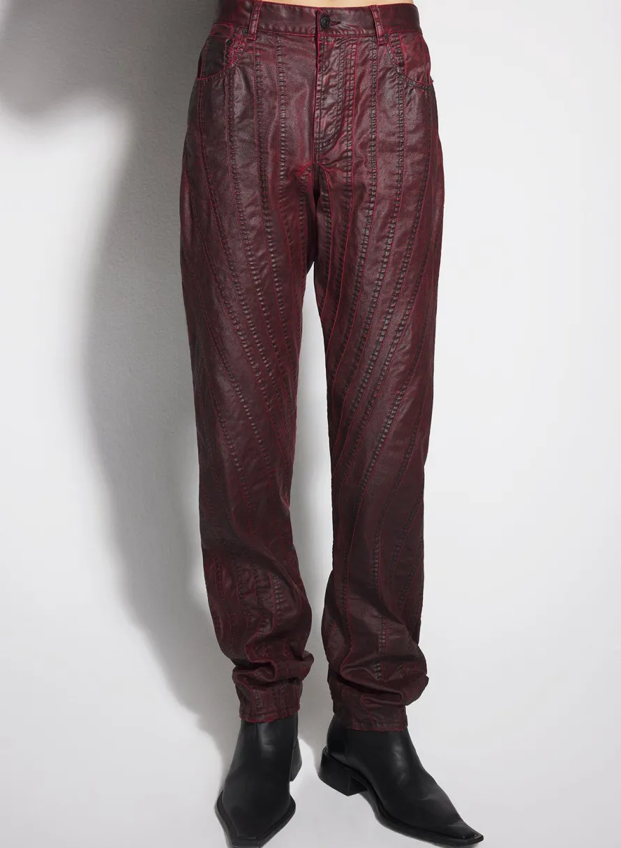 Women MUGLER burgundy waxed spiral baggy jeans