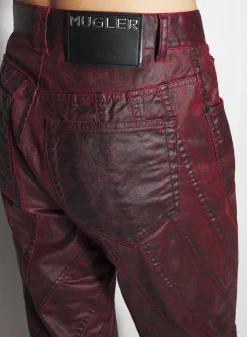 Women MUGLER burgundy waxed spiral baggy jeans