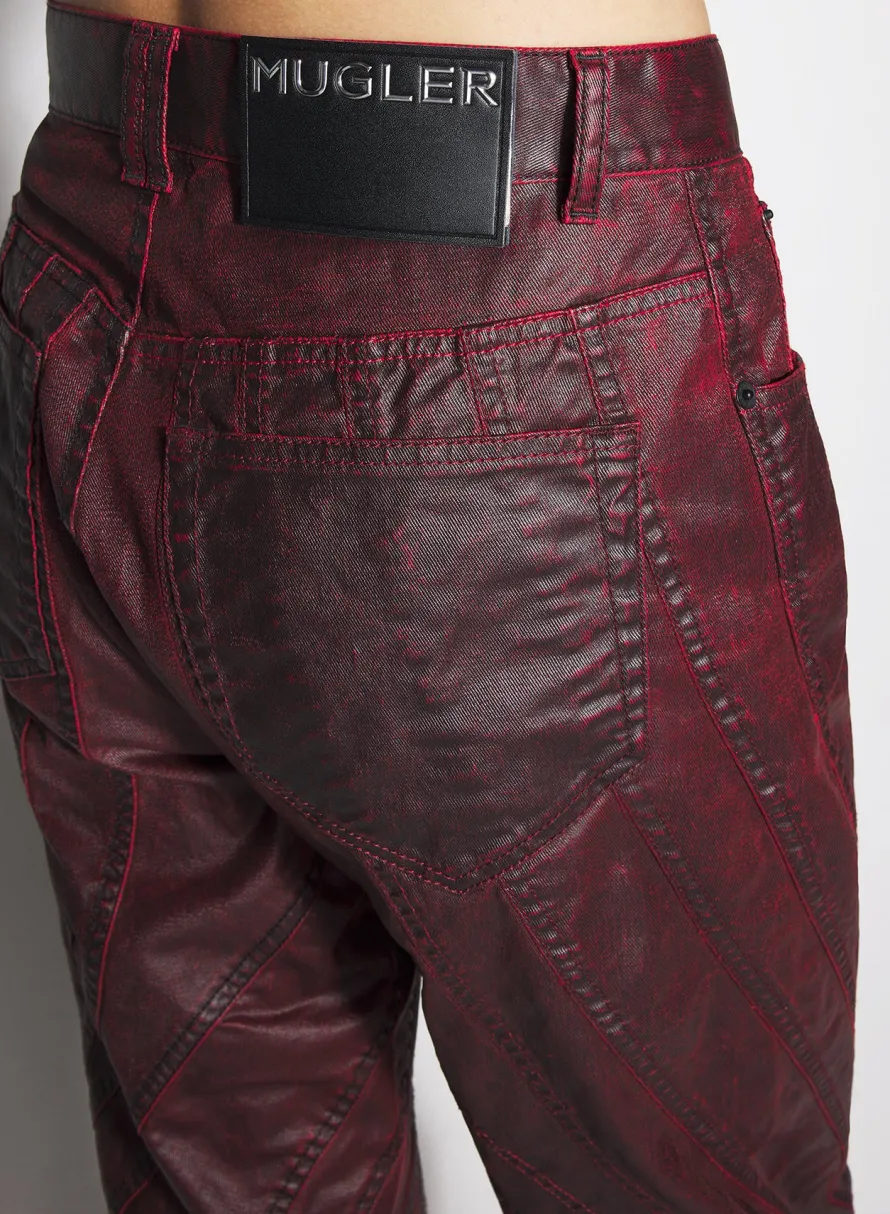 Women MUGLER burgundy waxed spiral baggy jeans
