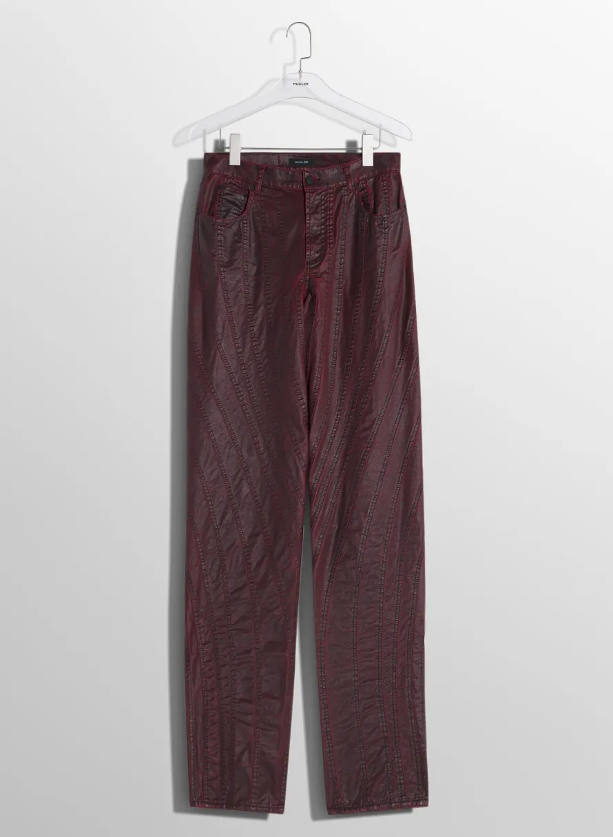 Women MUGLER burgundy waxed spiral baggy jeans