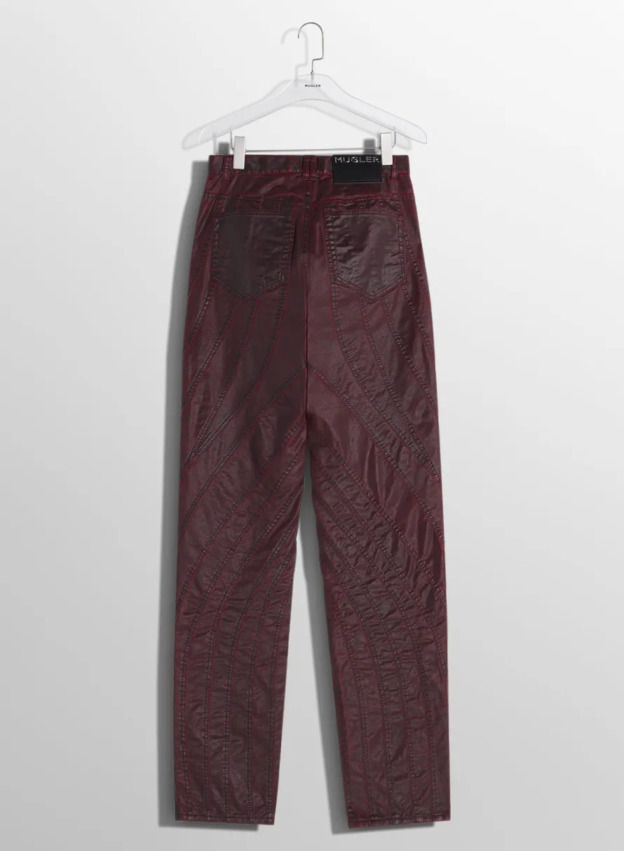 Women MUGLER burgundy waxed spiral baggy jeans