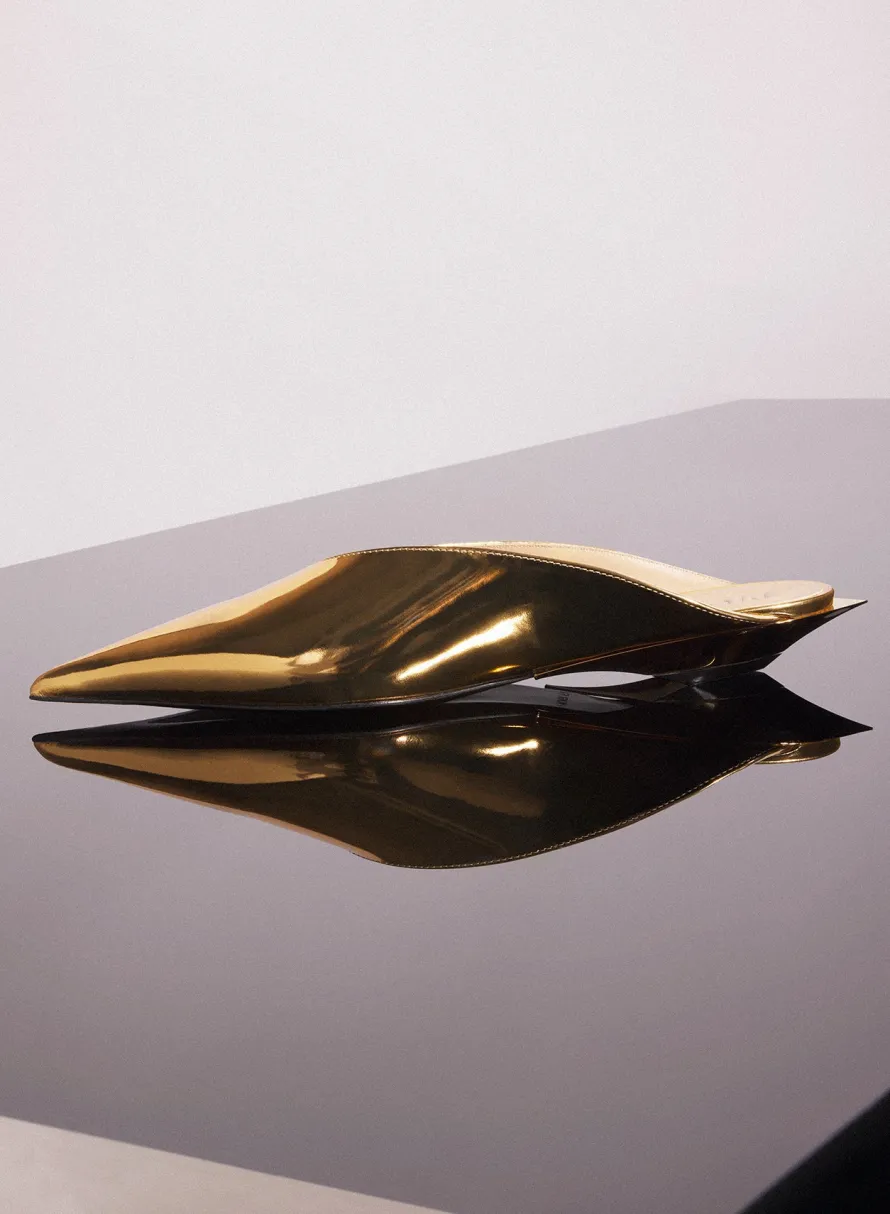 MUGLER gold metalic leather fang flat mules
