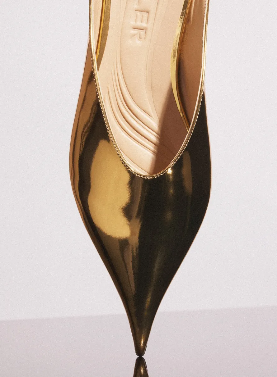 MUGLER gold metalic leather fang flat mules