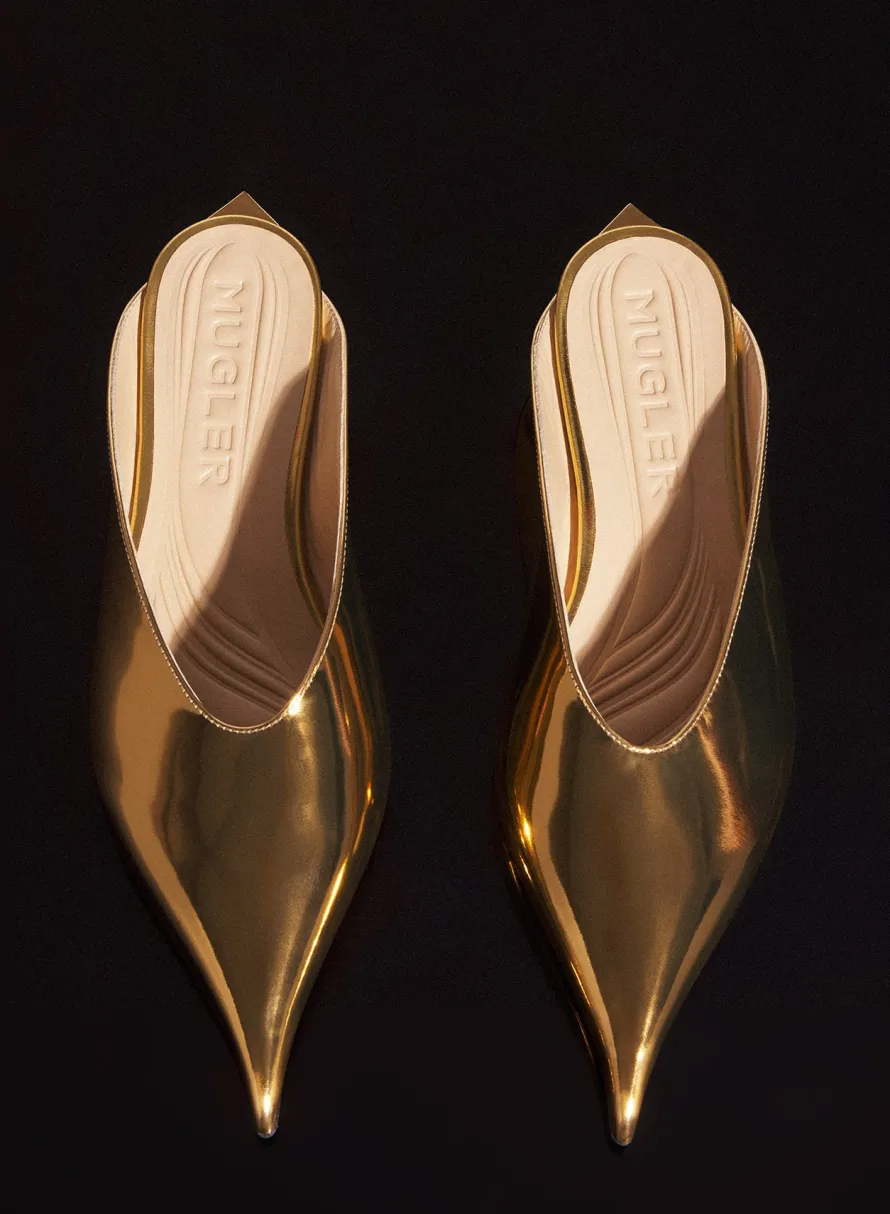 MUGLER gold metalic leather fang flat mules