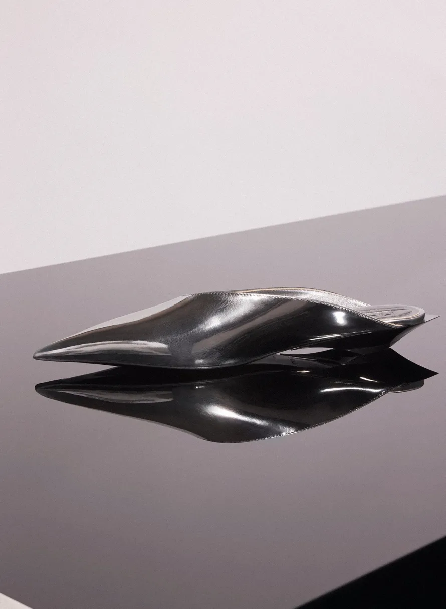 MUGLER gunmetal leather fang flat mules