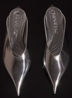 MUGLER gunmetal leather fang flat mules
