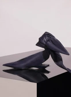 MUGLER midnight blue leather knot fang flat mules
