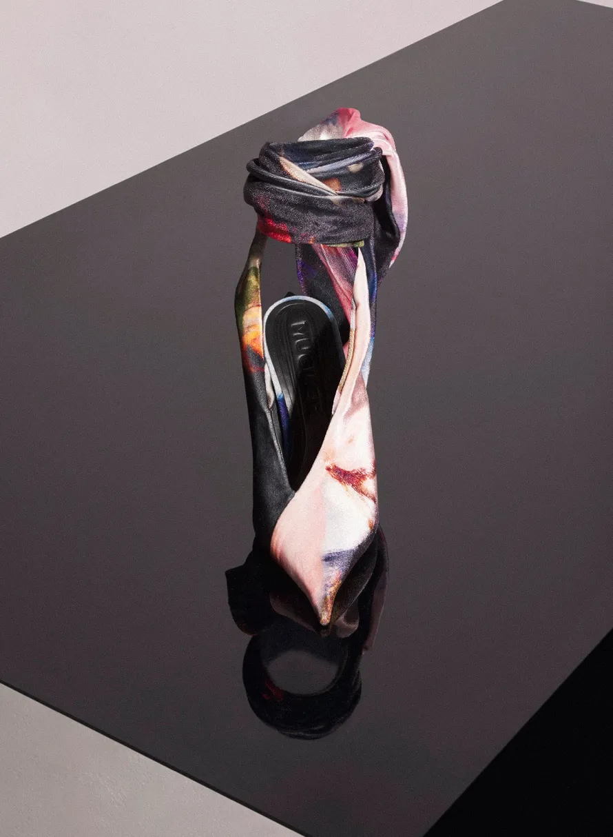 Women MUGLER x Ambera Wellmann printed velvet knot fang 95 mules