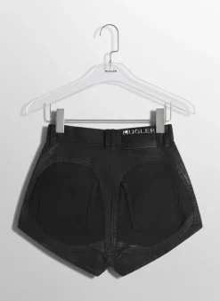 Women MUGLER raw blue bi-material denim shorts